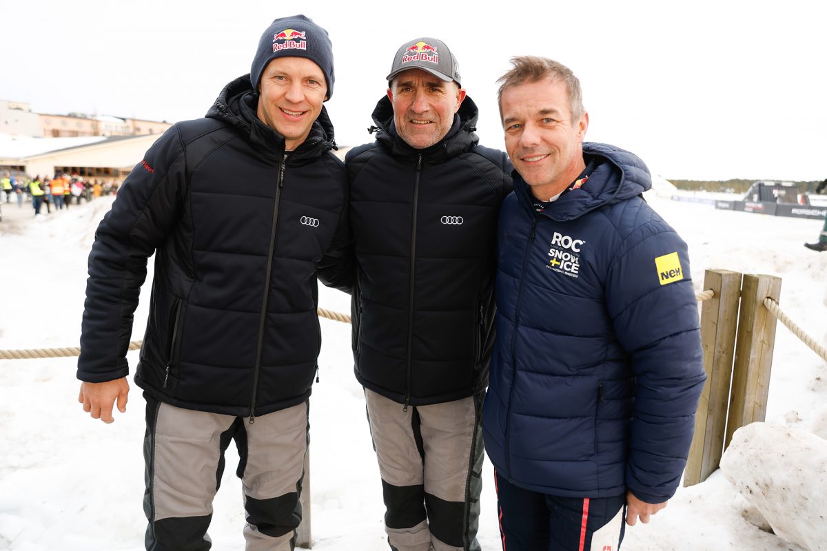 Sieger Mattias Ekström mit Stéphane Peterhansel und Sébastien LoebBild: Michael Kunkel/Audi Communications Motorsport 