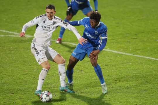 Eupen's Smail Prevljak and Genk's Mohamed Aziz Ouattara fight for the ball during a soccer match between KAS Eupen and KRC Genk, Wednesday 01 February 2023 in Eupen, a postponed game of the day 22 of the 2022-2023 'Jupiler Pro League' first division of the Belgian championship. BELGA PHOTO BRUNO FAHY