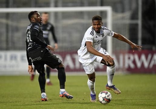 Oostende's Thierry Ambrose and Eupen's Loic Bessile fight for the ball during a soccer match between KAS Eupen and KV Oostende, Saturday 11 March 2023 in Eupen, on day 29 of the 2022-2023 'Jupiler Pro League' first division of the Belgian championship. BELGA PHOTO JOHN THYS