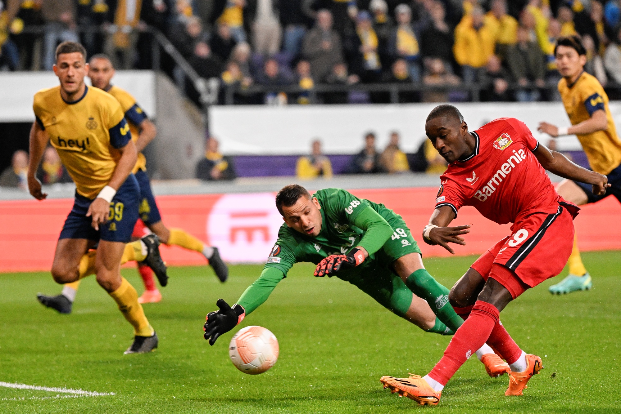 Leverkusen's Moussa Diaby scores a goal during a soccer match between Belgian Royale Union Saint-Gilloise and German Bayer 04 Leverkusen, Thursday 20 April 2023 in Anderlecht, Brussels, the return leg of the quarterfinals of the UEFA Europa League competition. The first leg ended in a 1-1 draw. BELGA PHOTO LAURIE DIEFFEMBACQ