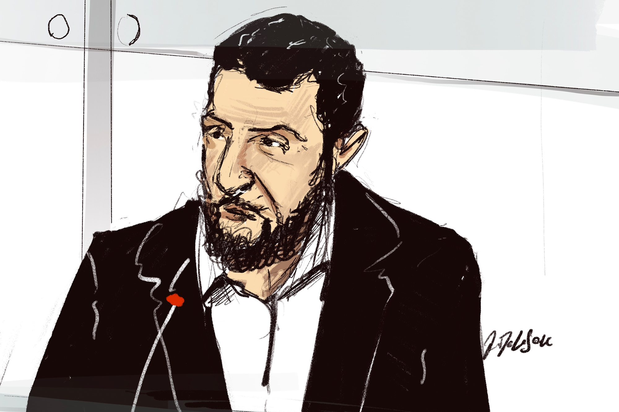 Salah Abdeslam beim Brüsseler Terrorprozess (Zeichnung: Jonathan De Cesare/Belga)