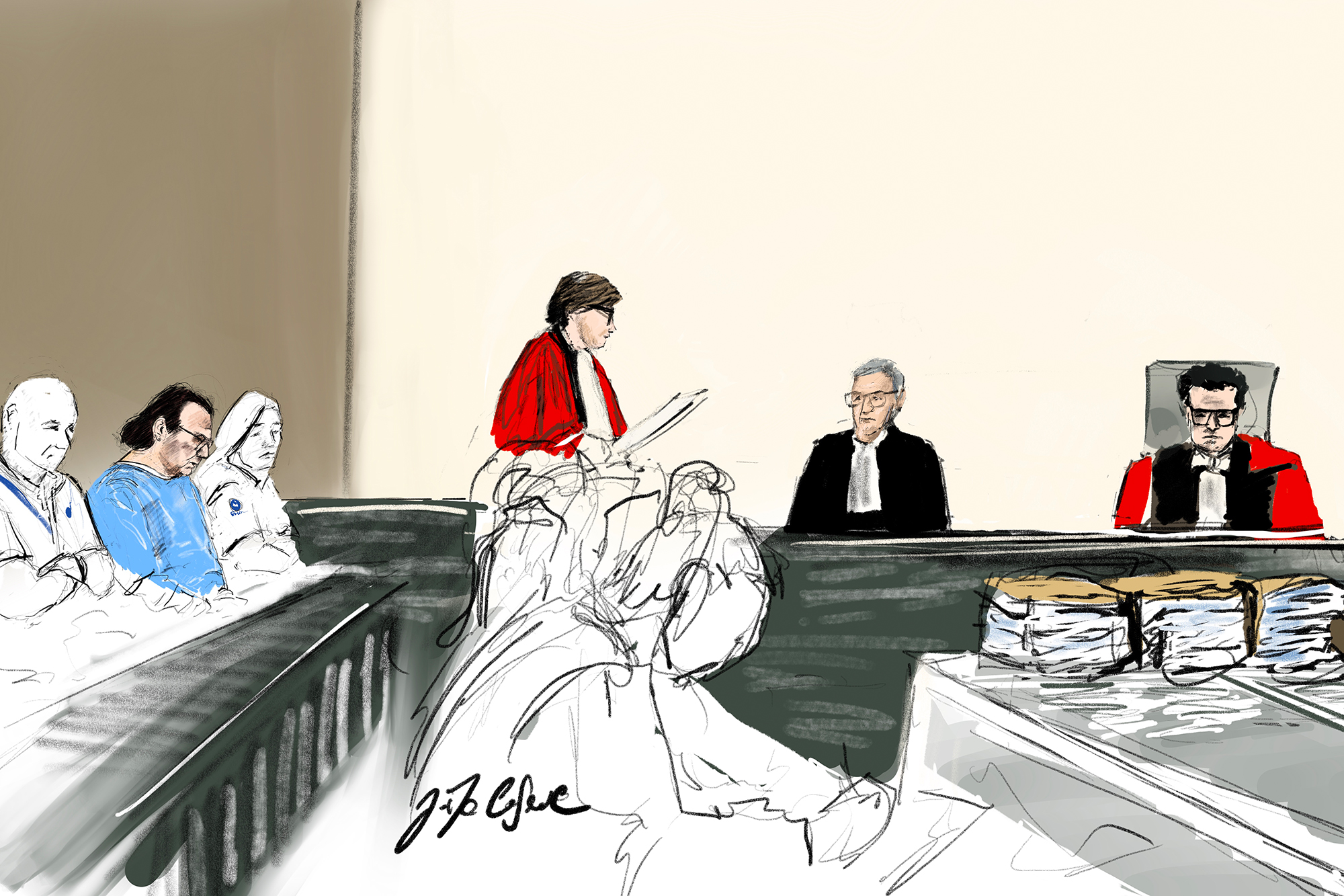 Zeichnung vom ersten Prozesstag im Fall Uyttersprot (Zeichnung: Jonathan De Cesare/Belga)