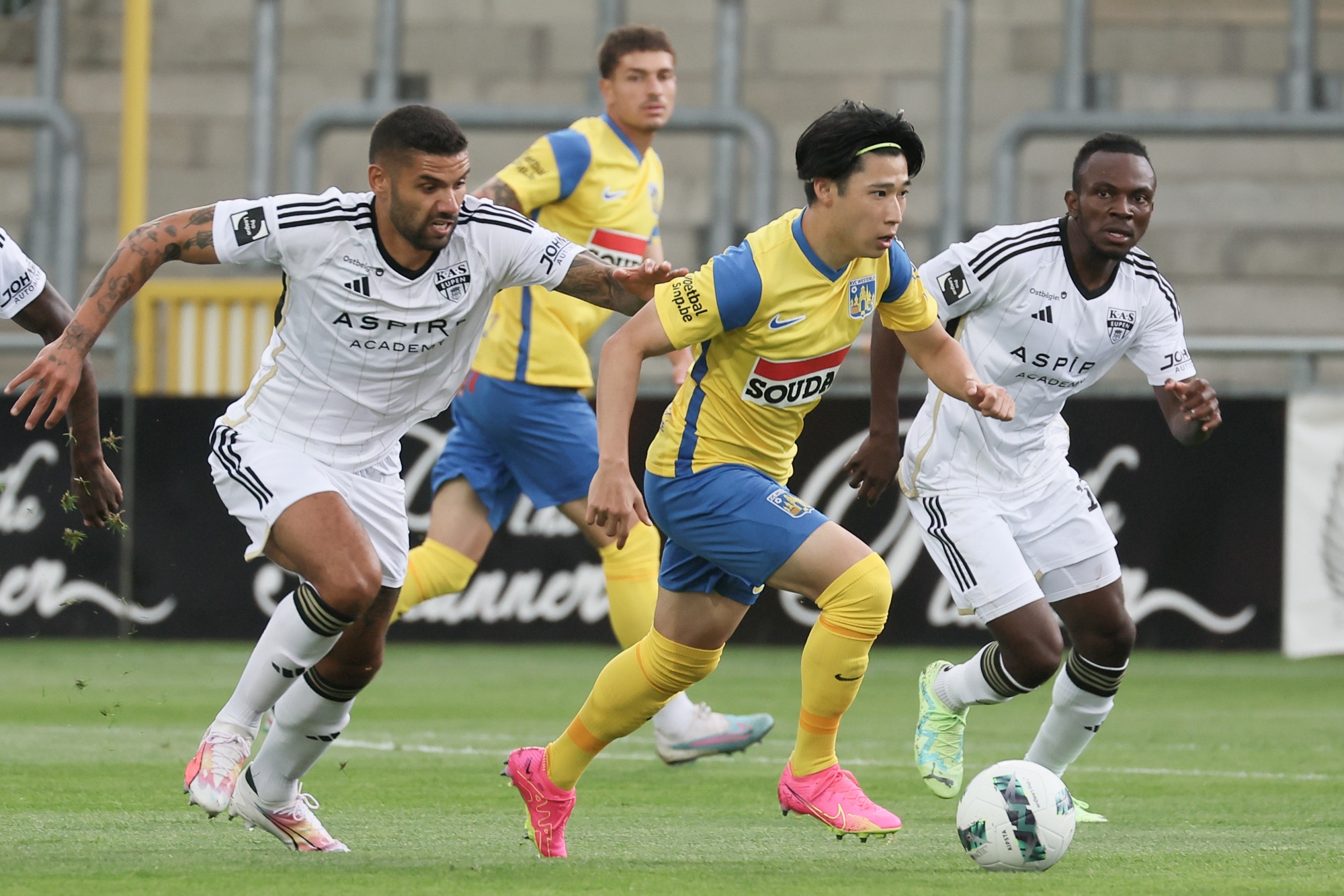Westerlo's Yusuke Matsuo pictured in action during a soccer match between KAS Eupen and KVC Westerlo, Saturday 29 July 2023 in Eupen, on day 1/30 of the 2023-2024 'Jupiler Pro League' first division of the Belgian championship. BELGA PHOTO BRUNO FAHY