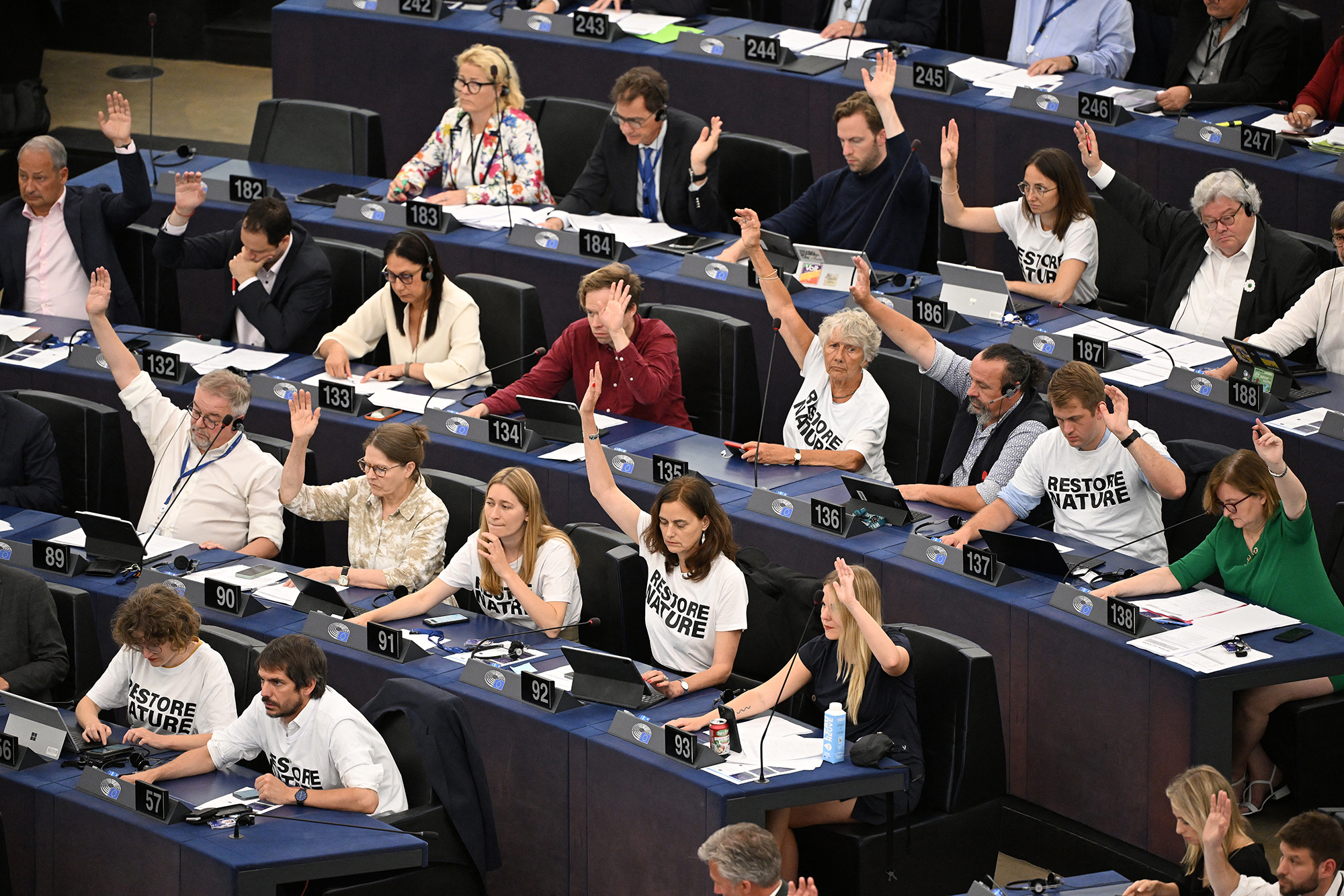 Einige EU-Parlamentarier haben T-Shirts mit der Aufschrift "Restore Nature" getragen (Bild: Frederick Florin/AFP)
