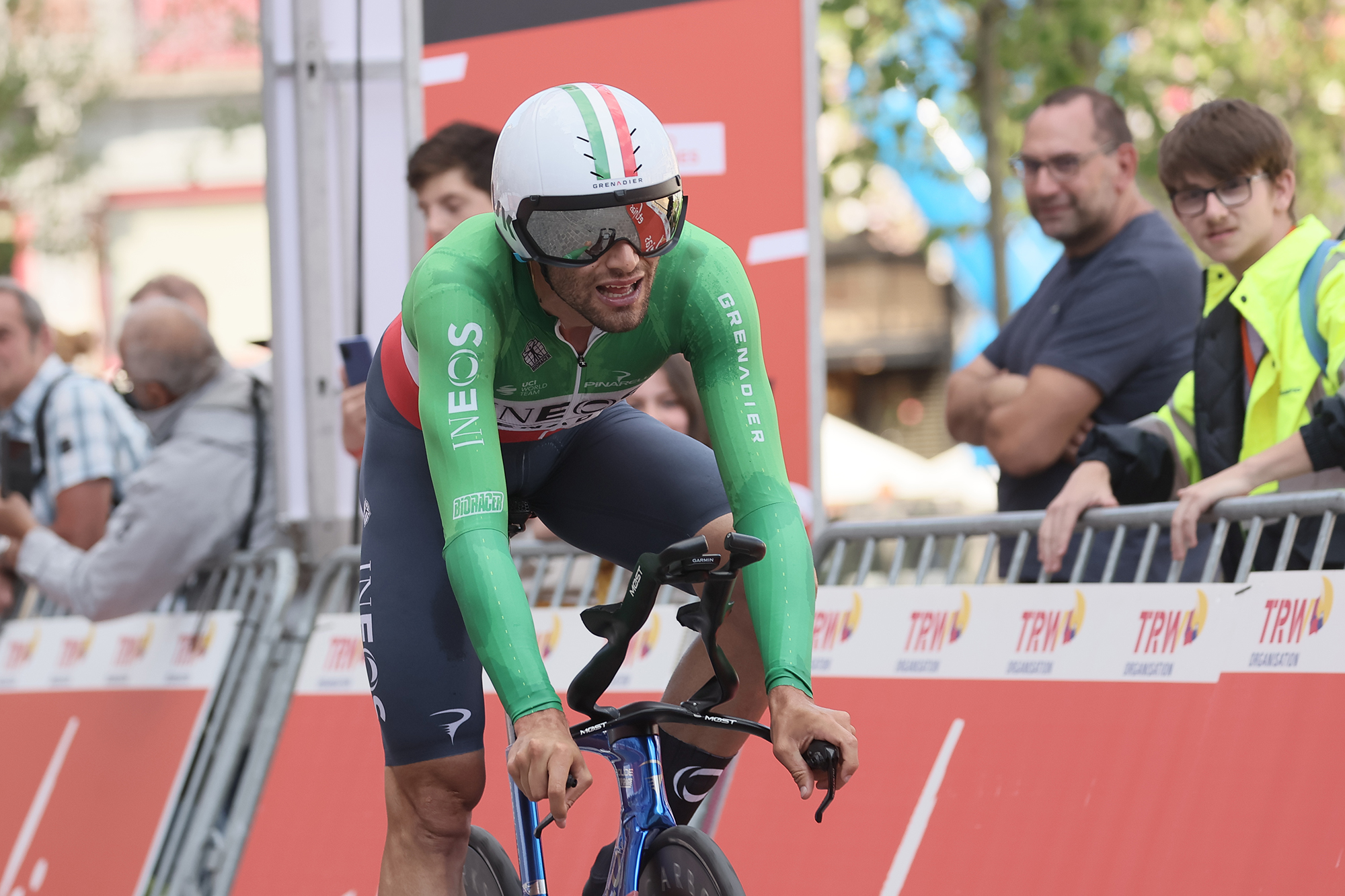 Der Italiener Filippo Ganna gewinnt das Zeitfahren auf der vierten Etappe der Tour de Wallonie (Bild: Bruno Fahy/Belga)