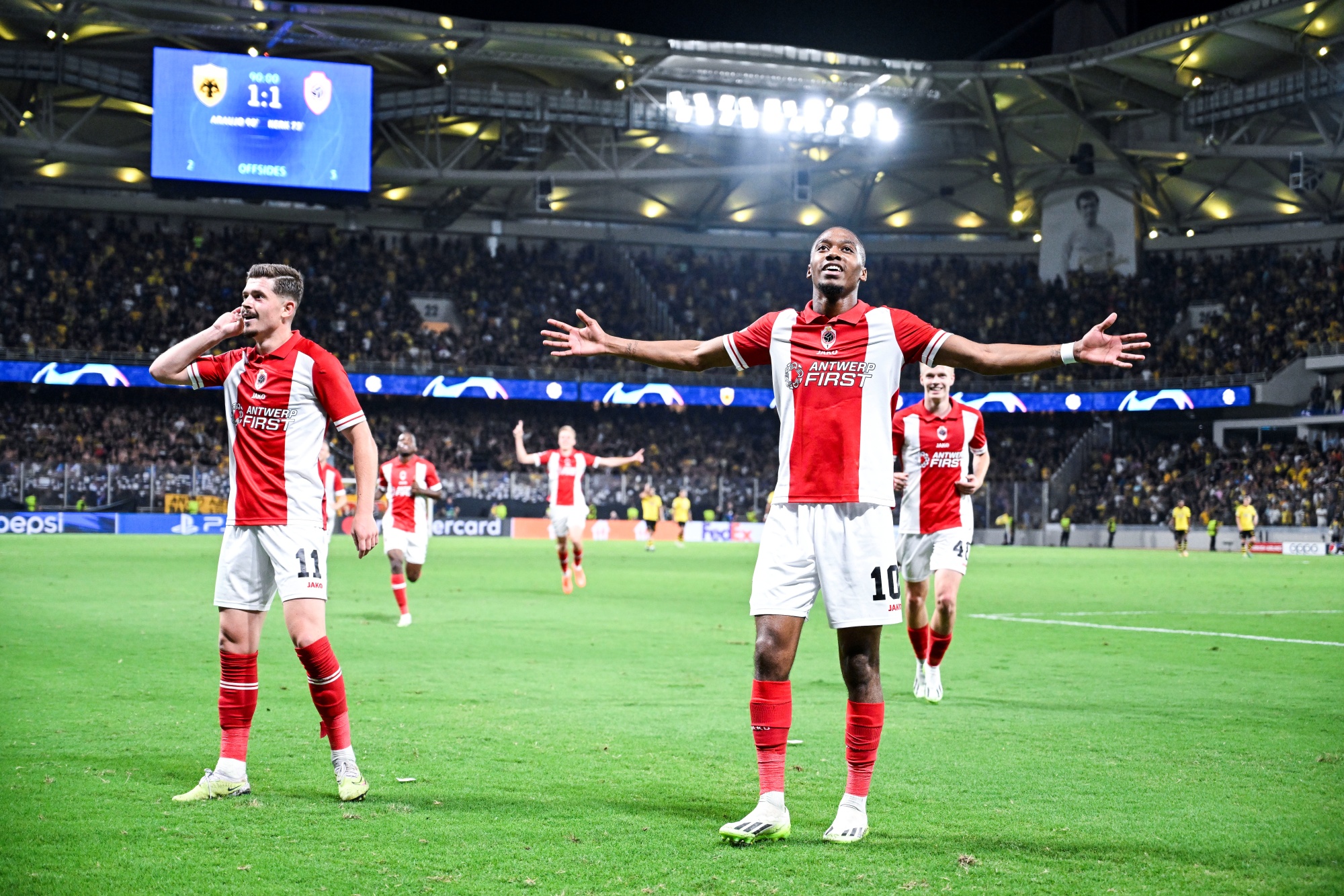 Antwerp's Michel Ange Balikwisha celebrates after scoring during a soccer game between Greek AEK Athens FC and Belgian soccer team Royal Antwerp FC, Wednesday 30 August 2023 in Athens, Greece, the return leg of the play-offs for the UEFA Champions League competition. BELGA PHOTO TOM GOYVAERTS