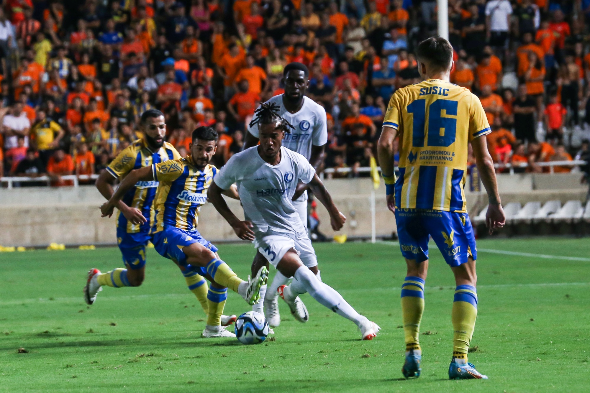 Gent's Archibald Archie Brown pictured in action during a soccer game between Cypriot APOEL FC and Belgian KAA Gent, Thursday 31 August 2023 in Strovolos, Cyprus, the return leg of the play-off for the UEFA Europa Conference League competition. BELGA PHOTO GEORGE CHRISTOPHOROU