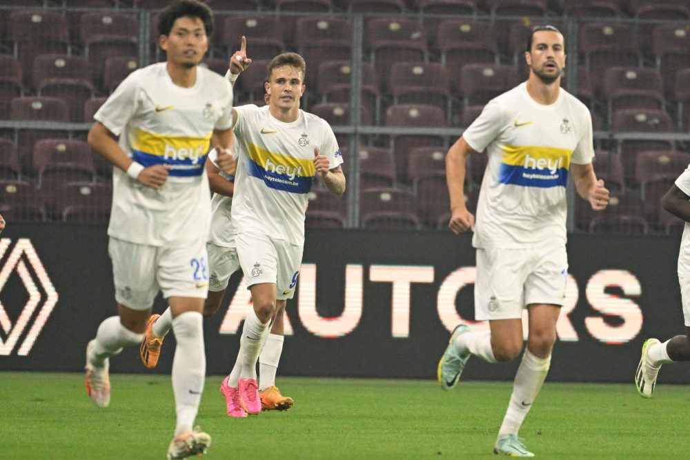 Union's Dennis Eckert Ayensa celebrtes after scoring the 0-1 goal at a soccer match between Swiss FC Lugano and Belgian Royale Union Saint-Gilloise, Thursday 31 August 2023 in Geneva, Switzerland, the return leg of the play-off for the UEFA Europa League competition. BELGA PHOTO LAURIE DIEFFEMBACQ