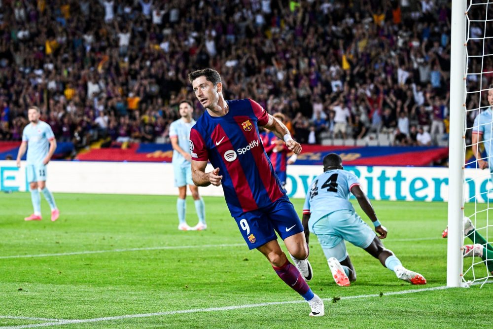 Barcelona's Robert Lewandowski celebrates after scoring during a soccer game between Spanish FC Barcelona and Belgian Royal Antwerp FC, on Tuesday 19 September 2023 in Barcelona, Spain, on day 1 of the Champions League group stage, in group H. BELGA PHOTO TOM GOYVAERTS