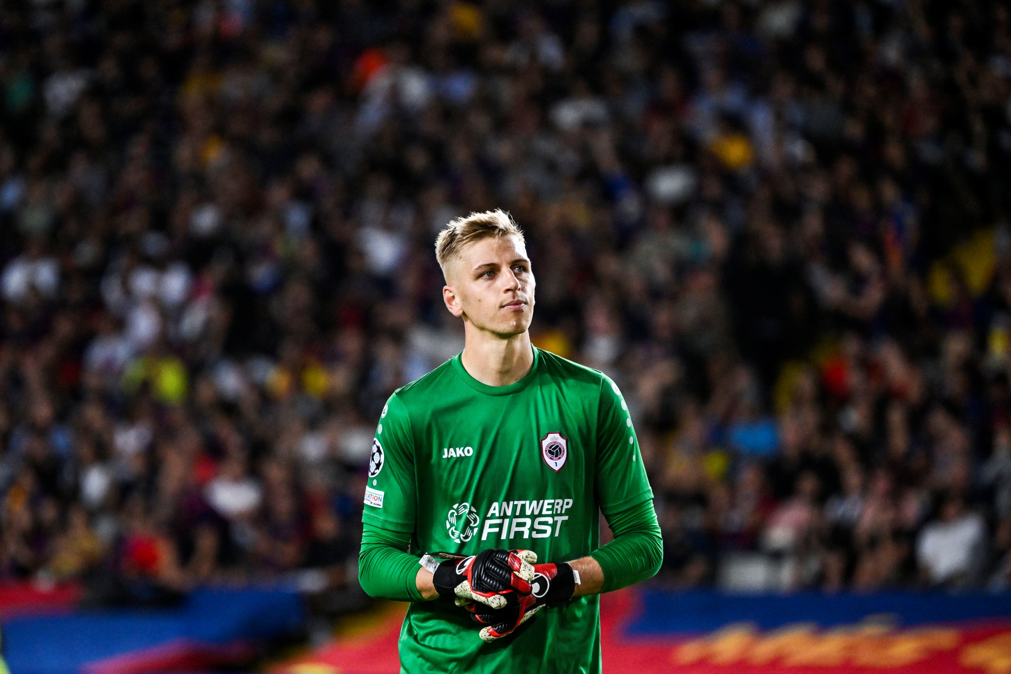 Antwerp's goalkeeper Jean Butez looks dejected during a soccer game between Spanish FC Barcelona and Belgian Royal Antwerp FC, on Tuesday 19 September 2023 in Barcelona, Spain, on day 1 of the Champions League group stage, in group H. BELGA PHOTO TOM GOYVAERTS