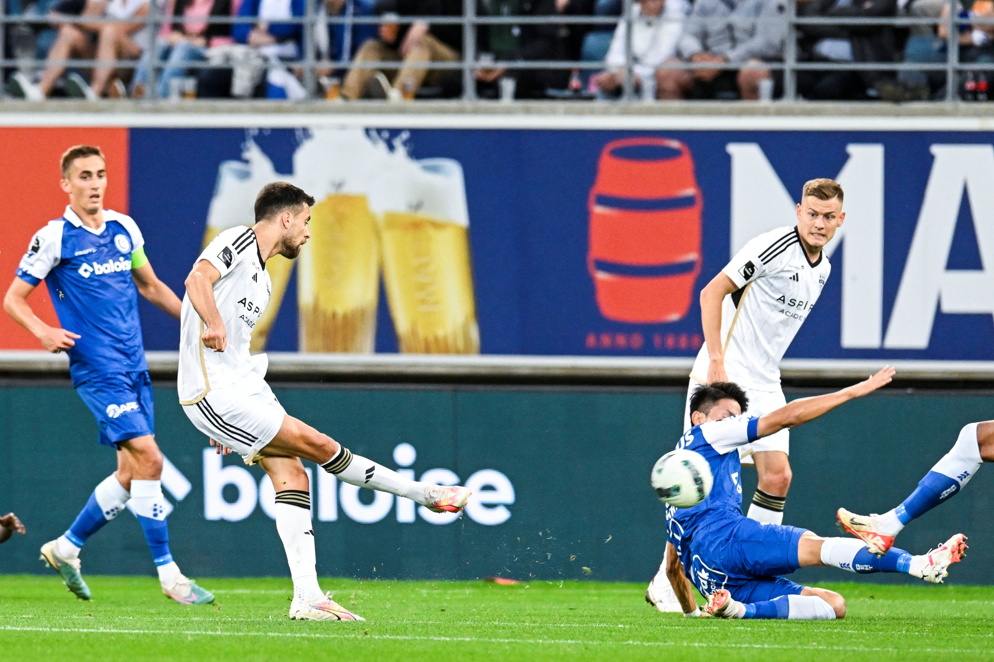 Eupen's Milos Pantovic scores a goal during a soccer match between KAA Gent and KAS Eupen, Sunday 24 September 2023 in Gent, on day 08 of the 2023-2024 season of the 'Jupiler Pro League' first division of the Belgian championship. BELGA PHOTO TOM GOYVAERTS
