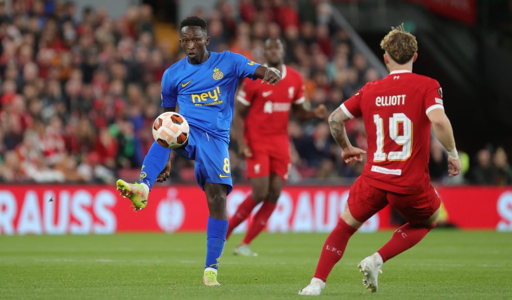 Union's Amani Lazare fights for the ball during a match between Belgian soccer team Royale Union Saint Gilloise and English Liverpool FC, on Wednesday 04 October 2023 in Liverpool, United Kingdom, on day 2 of the group phase of the UEFA Europa League competition, in group E. BELGA PHOTO VIRGINIE LEFOUR