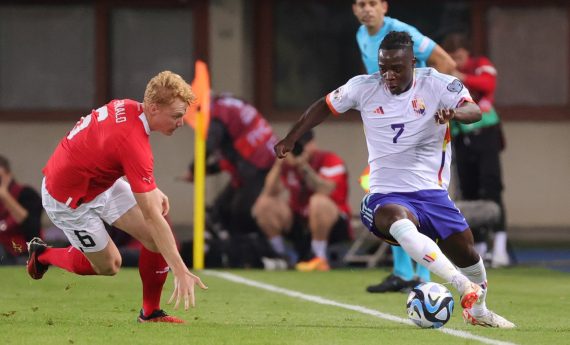 Austria's Nicolas Seiwald and Belgium's Jeremy Doku fight for the ball during a soccer game between Austria and the Belgian national soccer team Red Devils, at the Ernst Happel Stadium in Vienna, Austria, Friday 13 October 2023, match 6/8 in Group F of the Euro 2024 qualifications. BELGA PHOTO VIRGINIE LEFOUR
