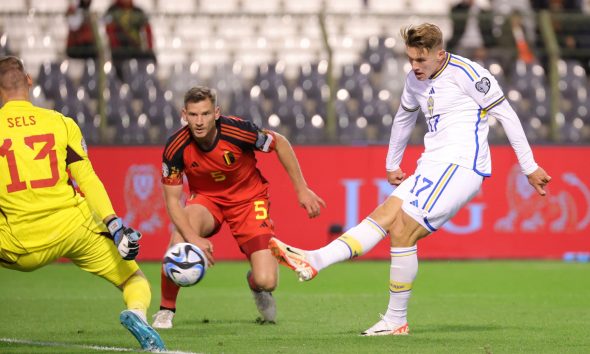 Sweden's Viktor Gyokeres scoring the 0-1 goal during a soccer game between Belgian national soccer team Red Devils and Sweden, Sunday 15 October 2023 in Brussels, match 7/8 in Group F of the Euro 2024 qualifications. BELGA PHOTO VIRGINIE LEFOUR