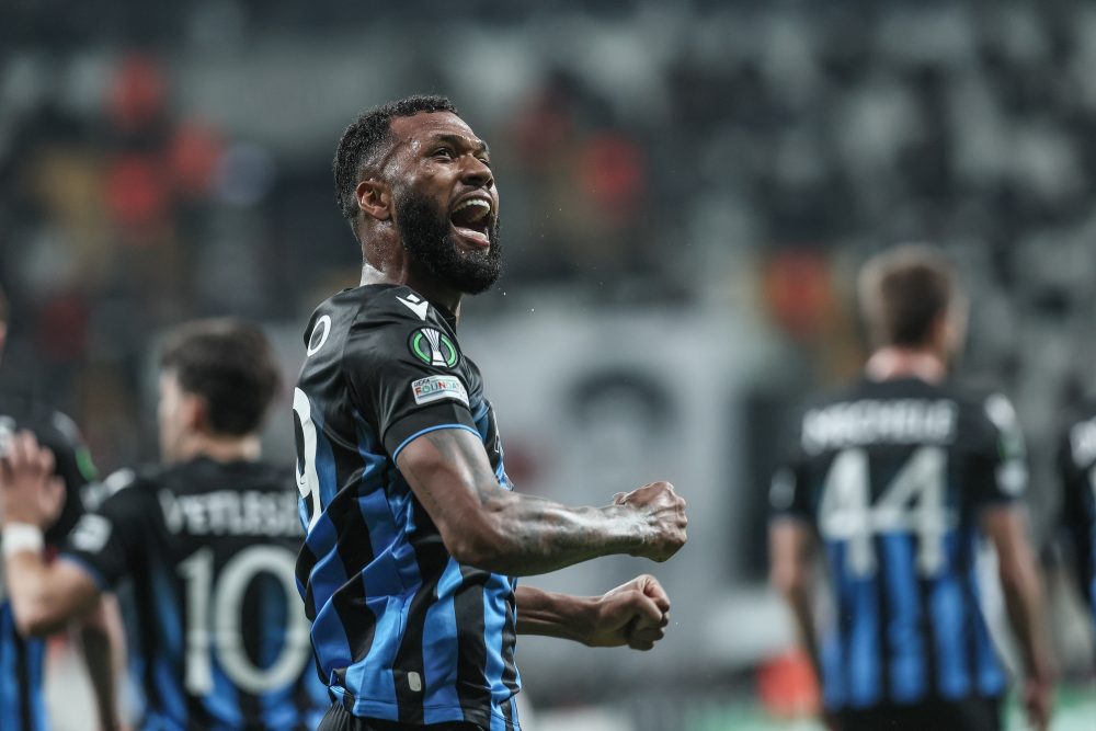 Club's Igor Thiago celebrates after scoring during a soccer game between Turkish Besiktas J.K. and Belgian Club Brugge KV, on day 5 of the group phase of the UEFA Conference League competition, in group D, Thursday 30 November 2023 in Istanbul, Turkey. BELGA PHOTO BRUNO FAHY