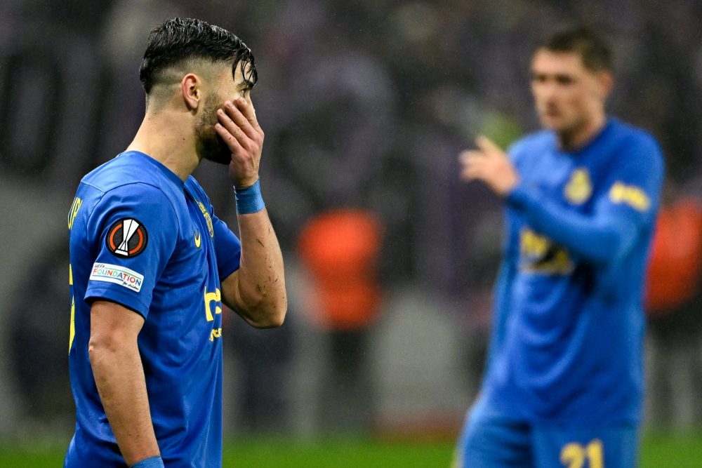 Union's Mohamed Amoura looks dejected during a soccer game French Toulouse FC and between Belgian Royale Union Saint Gilloise, on day 5 of the group phase of the UEFA Europa League competition, in group E, on Thursday 30 November 2023 in Toulouse, France. BELGA PHOTO LAURIE DIEFFEMBACQ