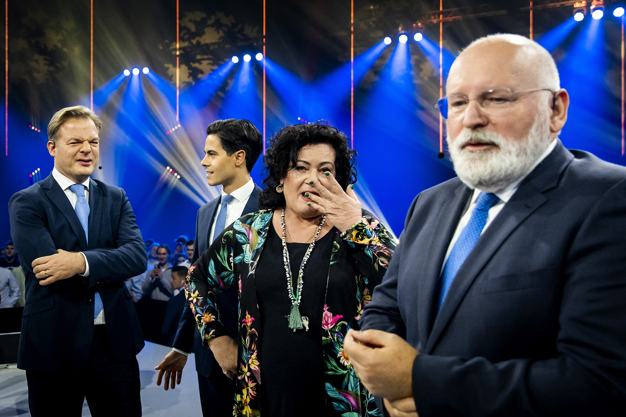 Pieter Omtzigt von NSC, Rob Jetten von D66, Caroline van der Plas von BBB und Frans Timmermans von GroenLinks/PvdA (v.l.n.r.) bei einer Wahldebatte am 20. November 2023 (Bild: Koen van Weel/ANP/AFP)