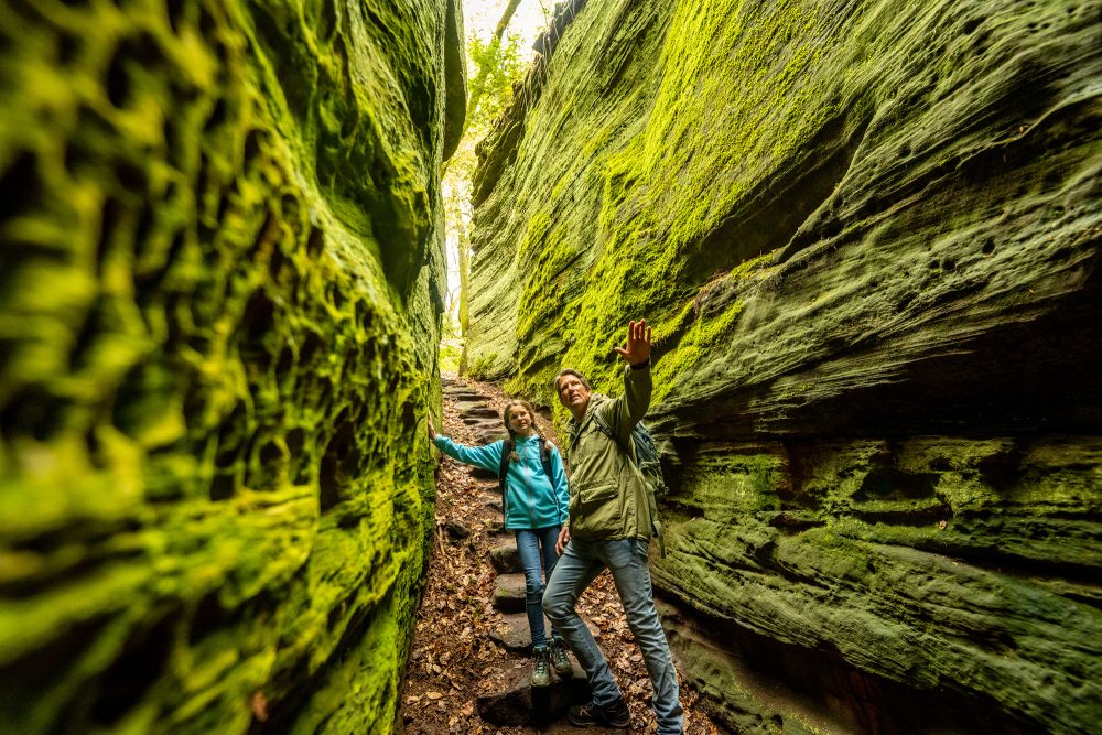 Die Grüne-Hölle-Tour Bollendorf hat bei der Abstimmung "Deutschlands schönster Wanderweg 2024" den zweiten Platz gemacht - auf dem Bild sieht man zwei Wanderer in einer Felsspalte