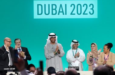 Der Präsident der COP28, Sultan Ahmed Al Jaber (Mi.), bei der Plenarsitzung während des Klimagipfels der Vereinten Nationen in Dubai (Bild: Giuseppe Cacace/AFP)