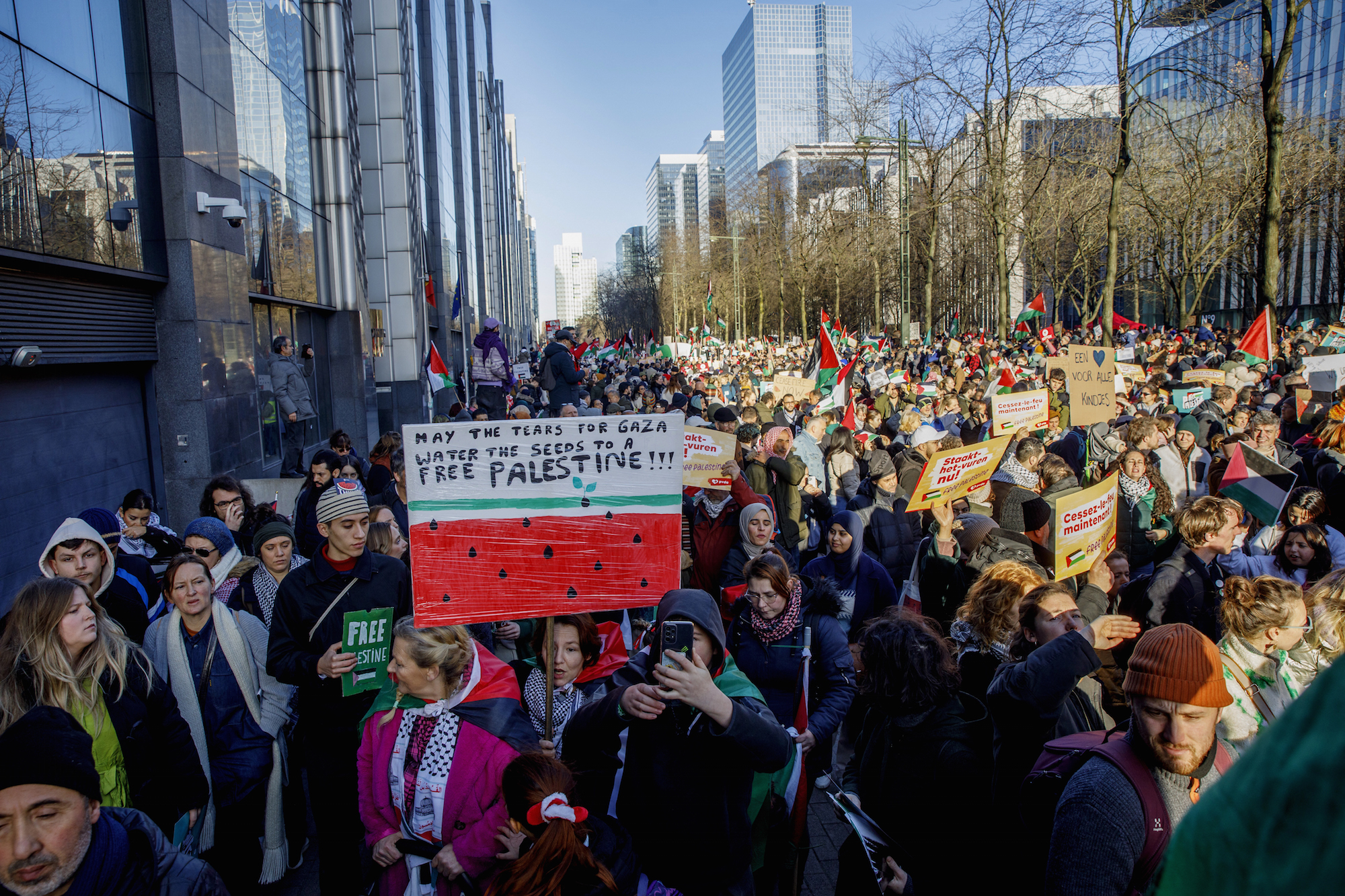 Demonstranten fordern Waffenrufe in Gaza (Bild: Hatim Kaghat/AFP)