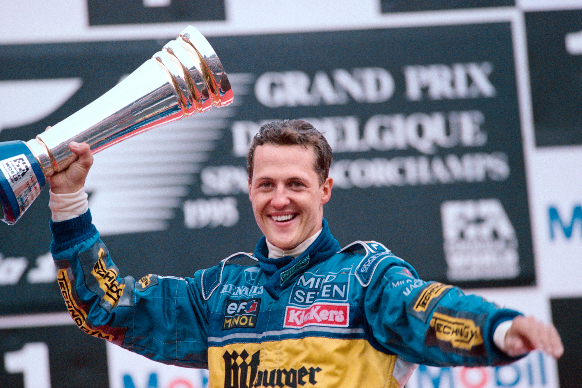 Michael Schumacher nach dem Sieg in Spa-Francorchamps 1995 (Bild: Pascal Pavani/AFP)