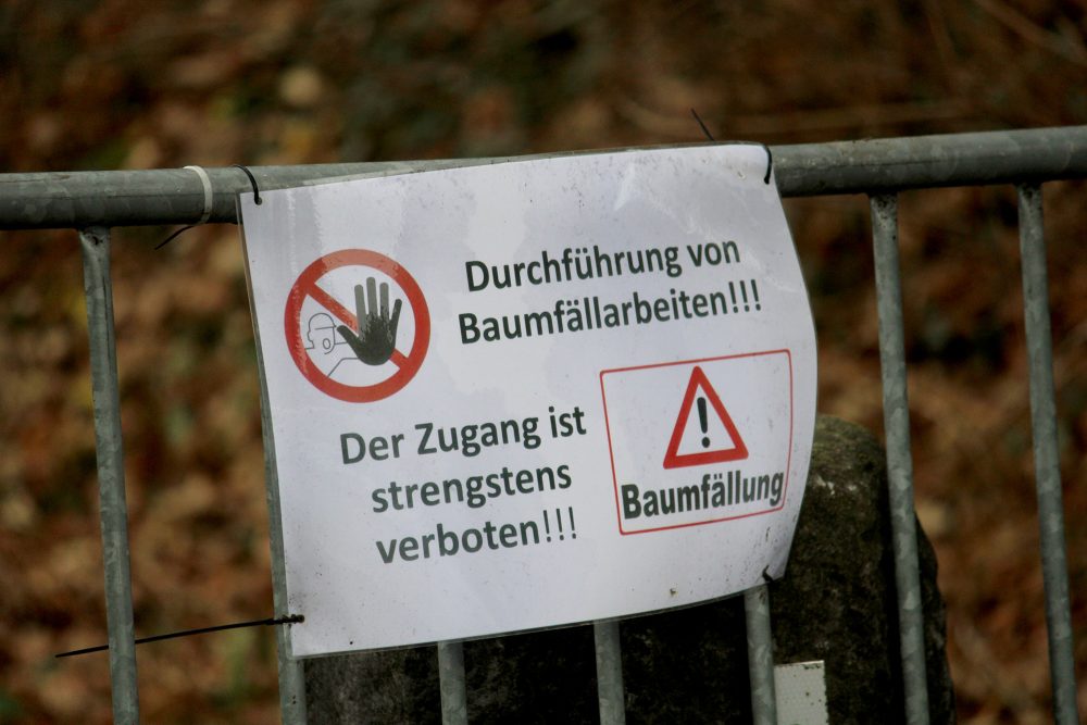 Ein Schild warnt Passanten vor Baumfällarbeiten