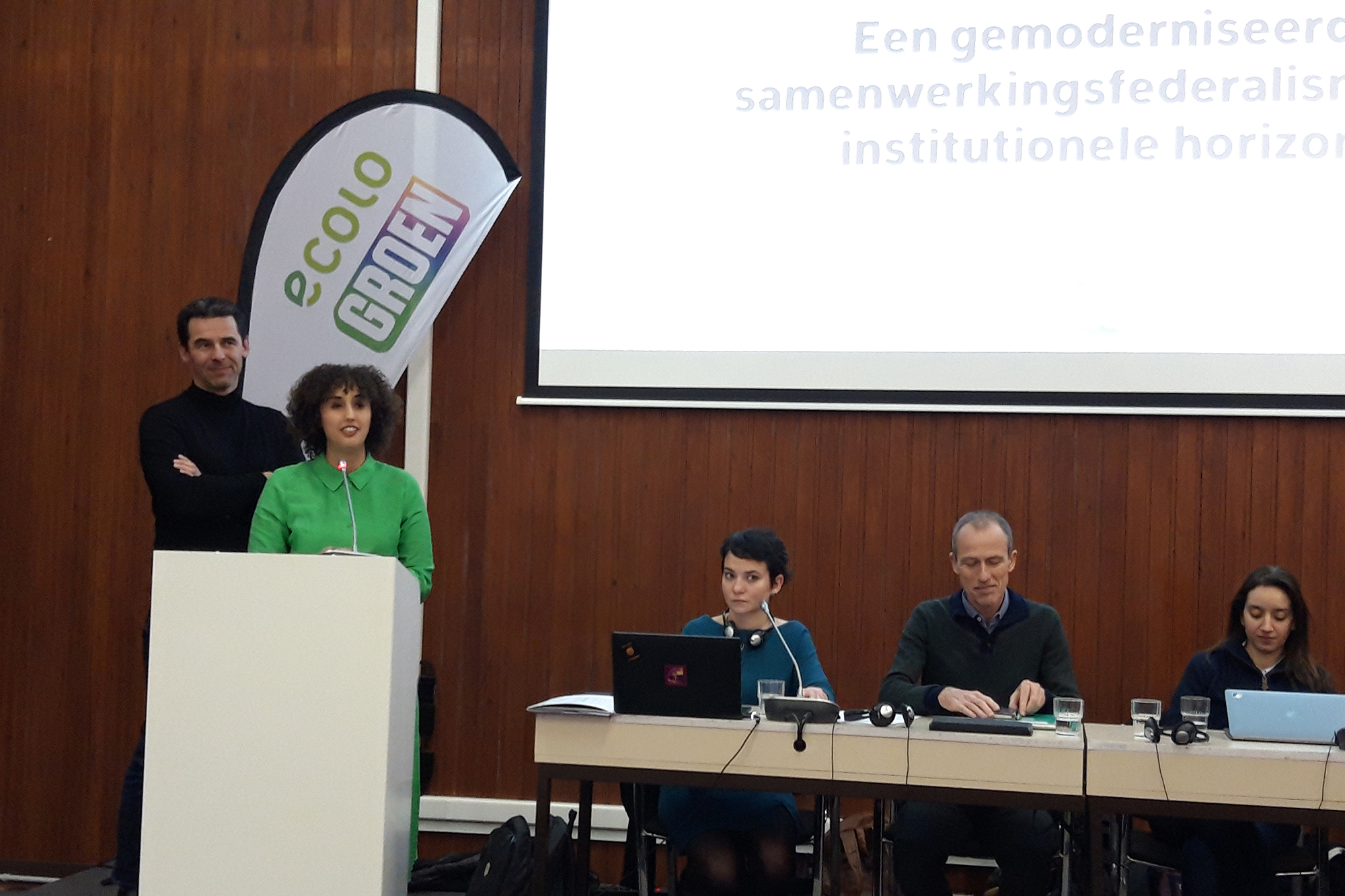Der Ecolo-Co-Vorsitzende Jean-Marc Nollet und die Groen-Co-Vorsitzende Nadia Naji am Samstag in Ixelles (Bild: Benoit Thoussaint/Belga)
