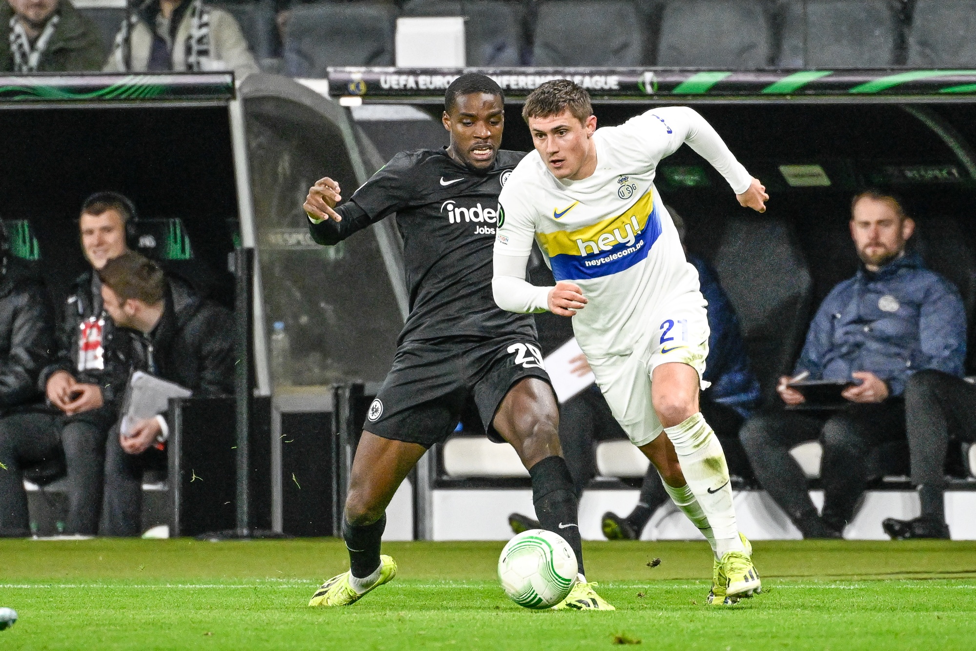 Frankfurt's Niels Nkounkou and Union's Alessio Castro-Montes fight for the ball during a soccer game between Germany's Eintracht Frankfurt and Belgians Royale Union Saint Gilloise, on Thursday 22 February 2024 in Frankfurt am Main, Germany, the return leg of the play offs phase of the UEFA Conference League competition. The first leg ended in a 2-2 draw. BELGA PHOTO LAURIE DIEFFEMBACQ