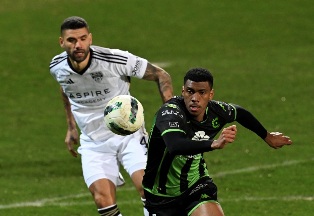 Eupen's Victor Palsson and Cercle's Felipe Augusto fight for the ball during a soccer match between KAS Eupen and Cercle Brugge, Sunday 25 February 2024 in Eupen, on day 27 of the 2023-2024 'Jupiler Pro League' first division of the Belgian championship. BELGA PHOTO JOHN THYS