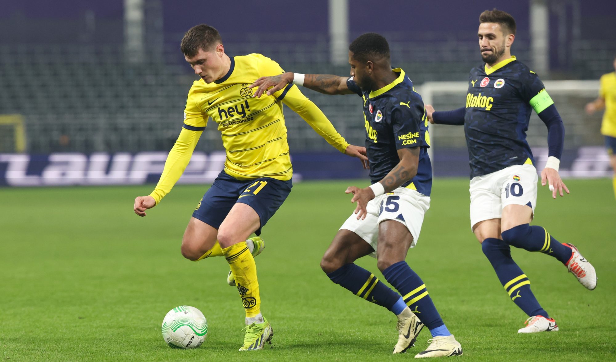 Union's Alessio Castro-Montes and Fenerbahce's Fred fight for the ball during a soccer game between Belgian club Royale Union Saint Gilloise and Turkish club Fenerbahce, on Thursday 07 March 2024 in Brussels, the first leg of the 1/8 finals of the UEFA Conference League competition. BELGA PHOTO VIRGINIE LEFOUR