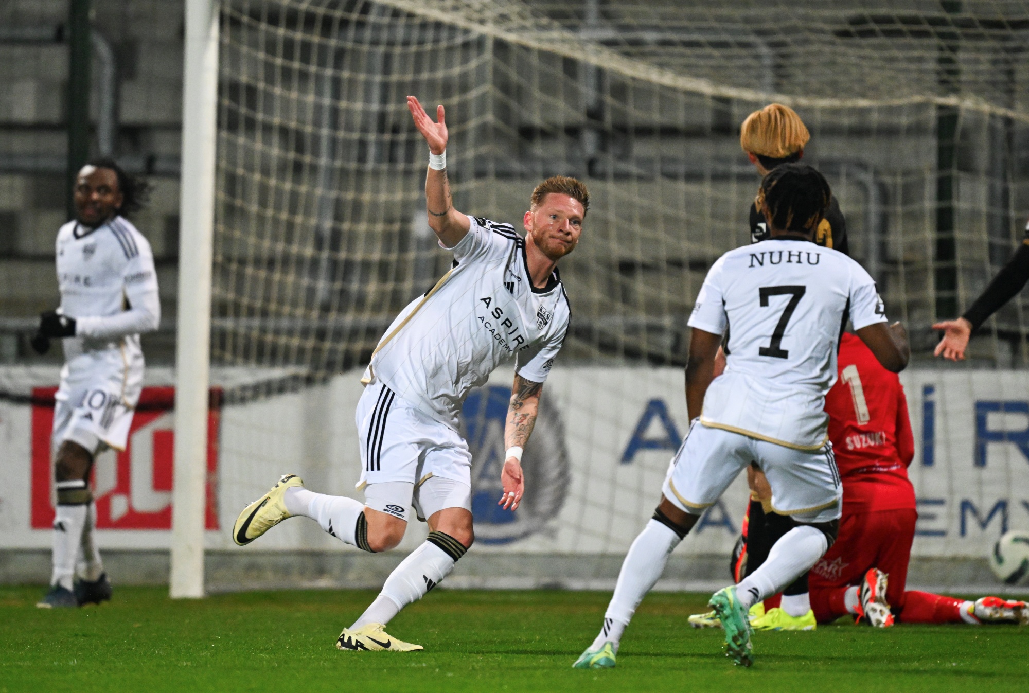 Eupen's Renaud Emond celebrates after scoring during a soccer match between KAS Eupen and Sint-Truidense VV, Sunday 10 March 2024 in Eupen, on day 29 of the 2023-2024 'Jupiler Pro League' first division of the Belgian championship. BELGA PHOTO JOHN THYS