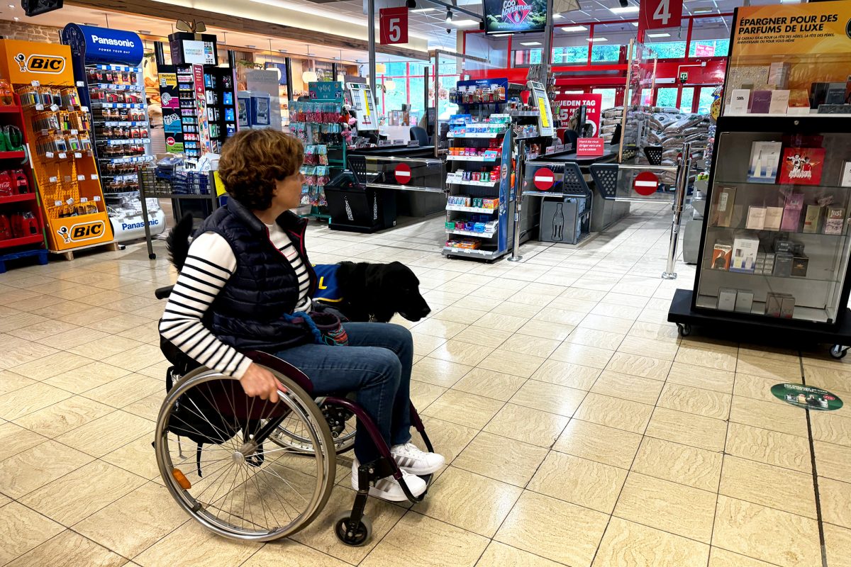 Angehender Assistenzhund Nox mit Catherine beim Training im Eupener Supermarkt