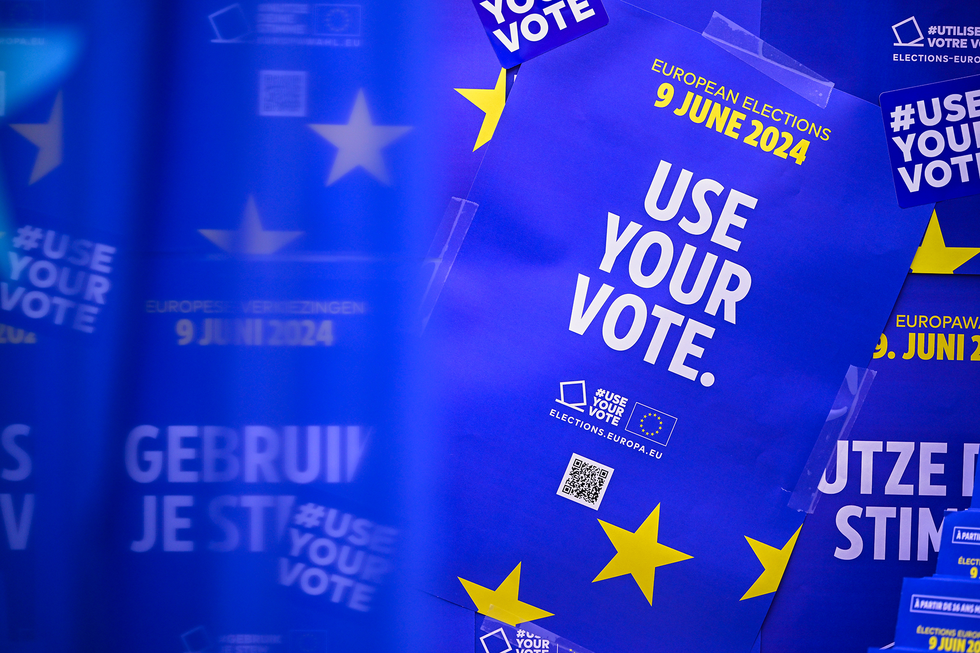 Plakate in Brüssel für die Europawahlen: Gebruik je stem - Use your vote - Nutze deine Stimme