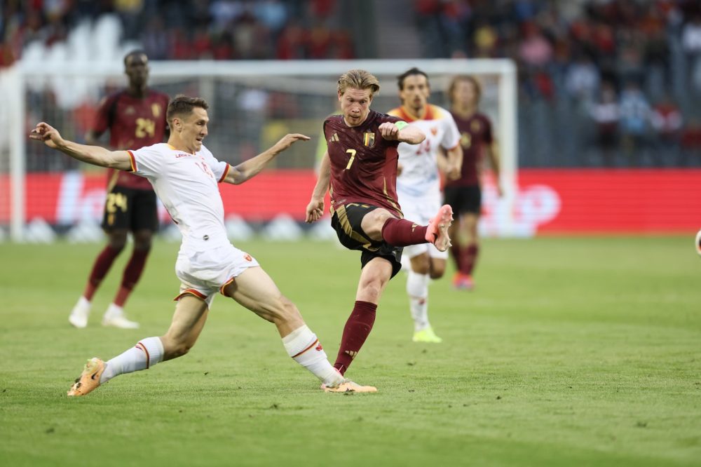 Belgium's Kevin De Bruyne scores a goal during a friendly soccer match between Belgian national soccer team Red Devils and the national team of Montenegro, at the King Baudouin Stadium (Stade Roi Baudouin - Koning Boudewijnstadion), in Brussels, Wednesday 05 June 2024. The Red Devils are preparing for the upcoming Euro 2024 European Championships in Germany. BELGA PHOTO BRUNO FAHY