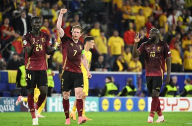 Belgium's captain Kevin De Bruyne celebrates after scoring the 2-0 with team-mates Belgium's Amadou Onana and Belgium's Romelu Lukaku at a soccer game between Belgian national soccer team Red Devils and Romania, Saturday 22 June 2024 in Cologne, Germany, the second match in the group stage of the UEFA Euro 2024 European championships. BELGA PHOTO DIRK WAEM