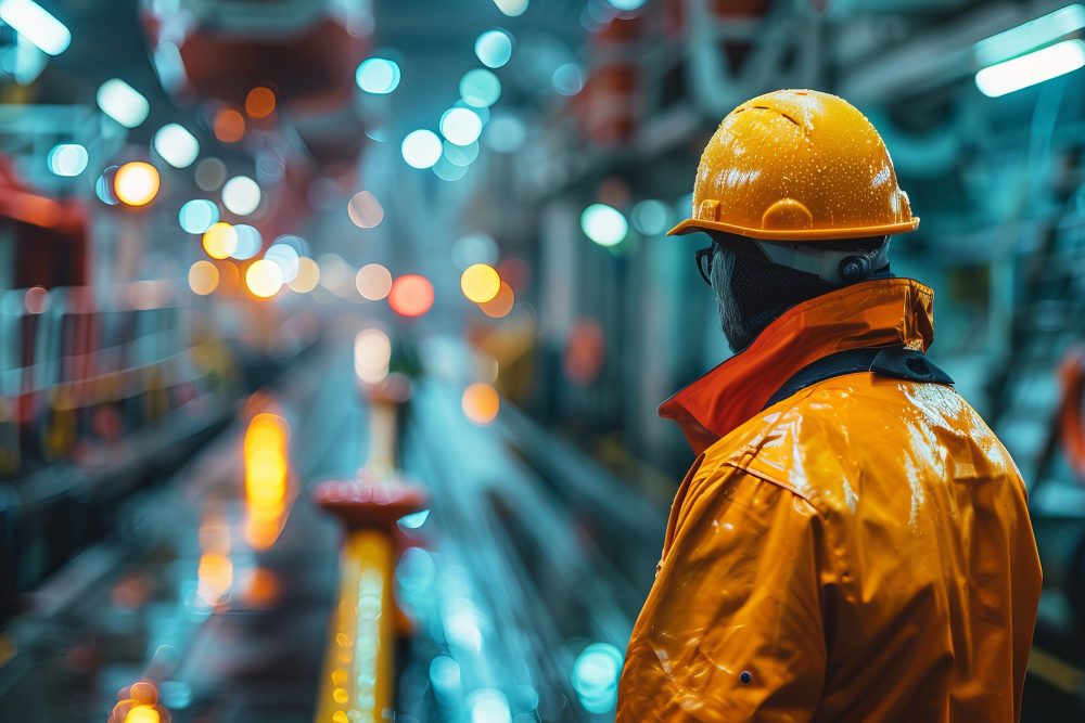 Arbeiter mit Helm in einem Industriebetrieb