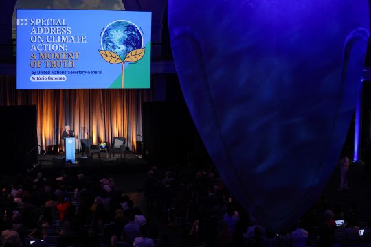 UN-Generalsekretär Antonio Guterres hält am Weltumwelttag, dem 5. Juni 2024, im American Museum of Natural History in New York eine Sonderansprache zum Klimaschutz
