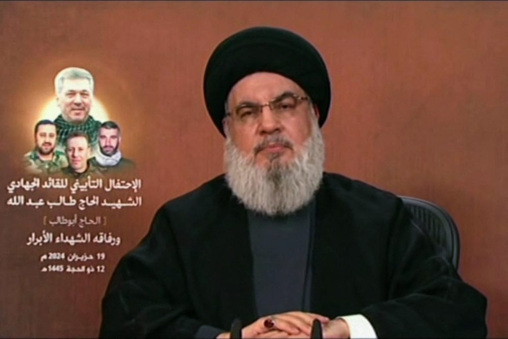 Hisbollah-Chef Hassan Nasrallah bei einer Ansprache im Hisbollah-Fernsehsender al-Manar