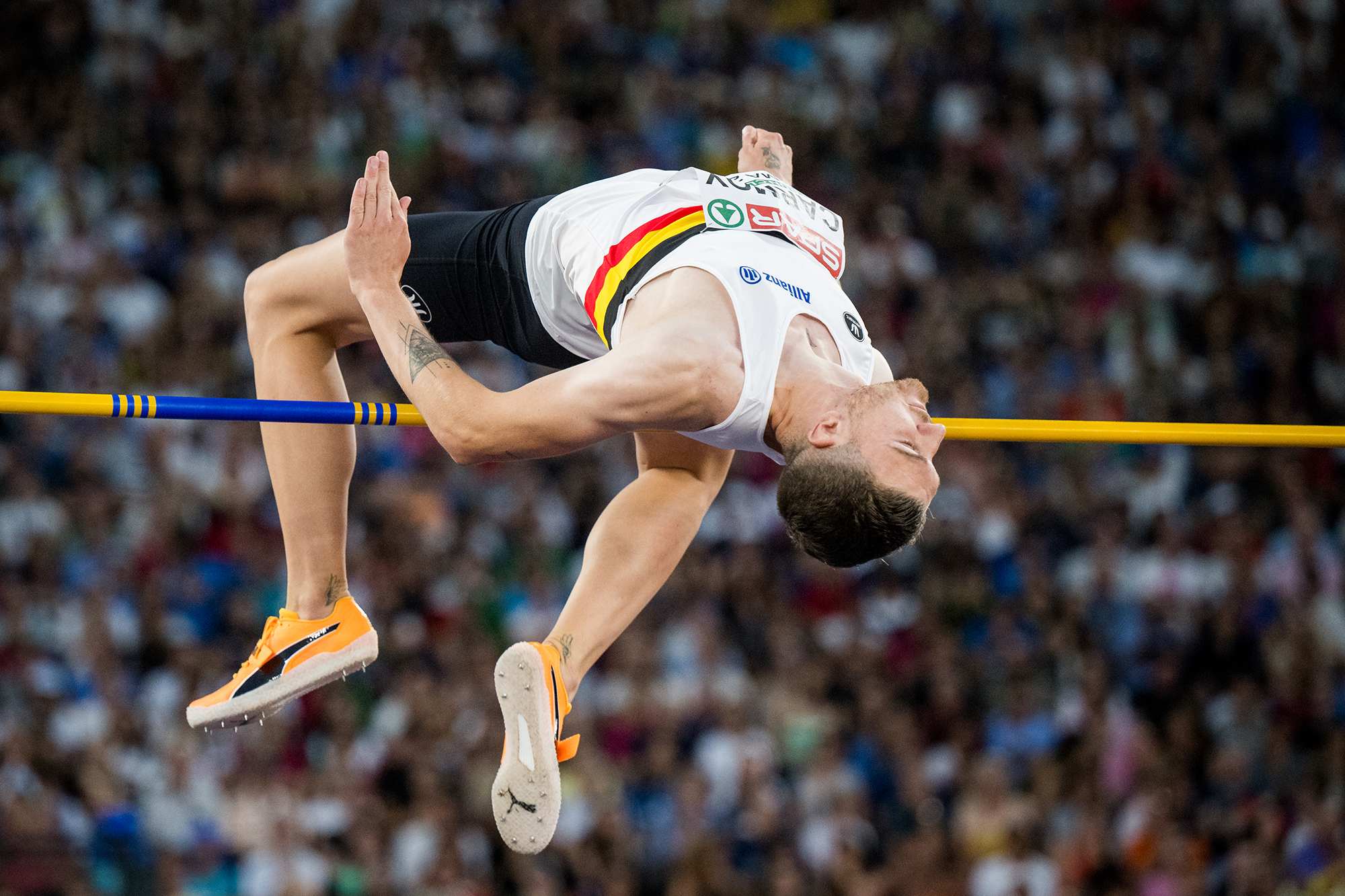 Thomas Carmoy beim Hochsprung bei den Leichtathletik-Europameisterschaften in Italiens Hauptstadt Rom