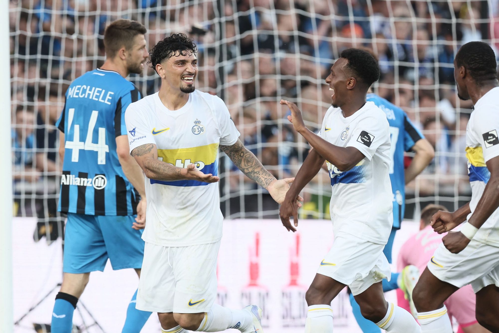 Union's Cameron Puertas Castro celebrates after scoring during a soccer match between Club Brugge KV and Royale Union Saint-Gilloise, Saturday 20 July 2024 in Brugge, the 'Super Cup' where the Champions of the Jupiler Pro League Brugge meet the winner of the Croky Cup Union. BELGA PHOTO BRUNO FAHY