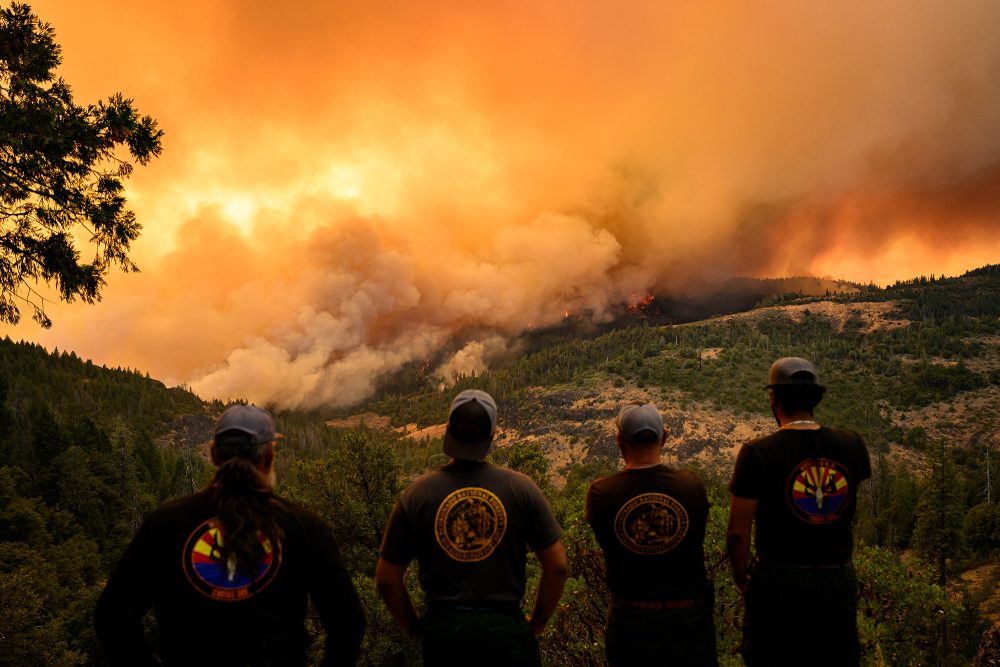 Feuerwehrleute beobachten die Flammen in der Nähe von Chico