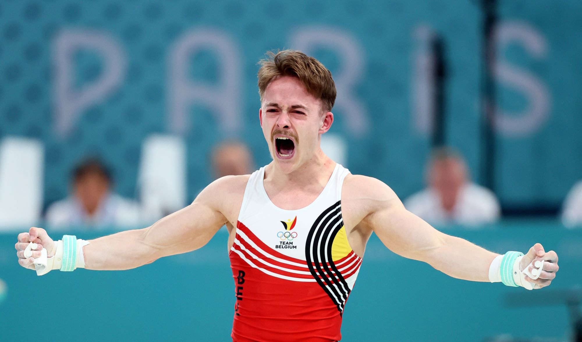 Glen Cuyle schreit die ganze Anspannung heraus: Als zweiter belgischer Turner erreicht er das Ringe-Finale bei den Olympischen Spielen (Bild: Benoit Doppagne/Belga)