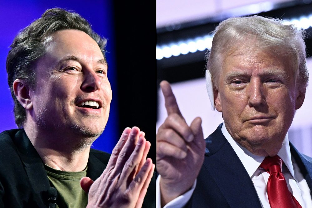 Zwei Porträtfotos von Tech-Milliardär Elon Musk (li.) und US-Präsidentschaftskandidat Donald Trump sind hier in einer Collage zusammengestellt