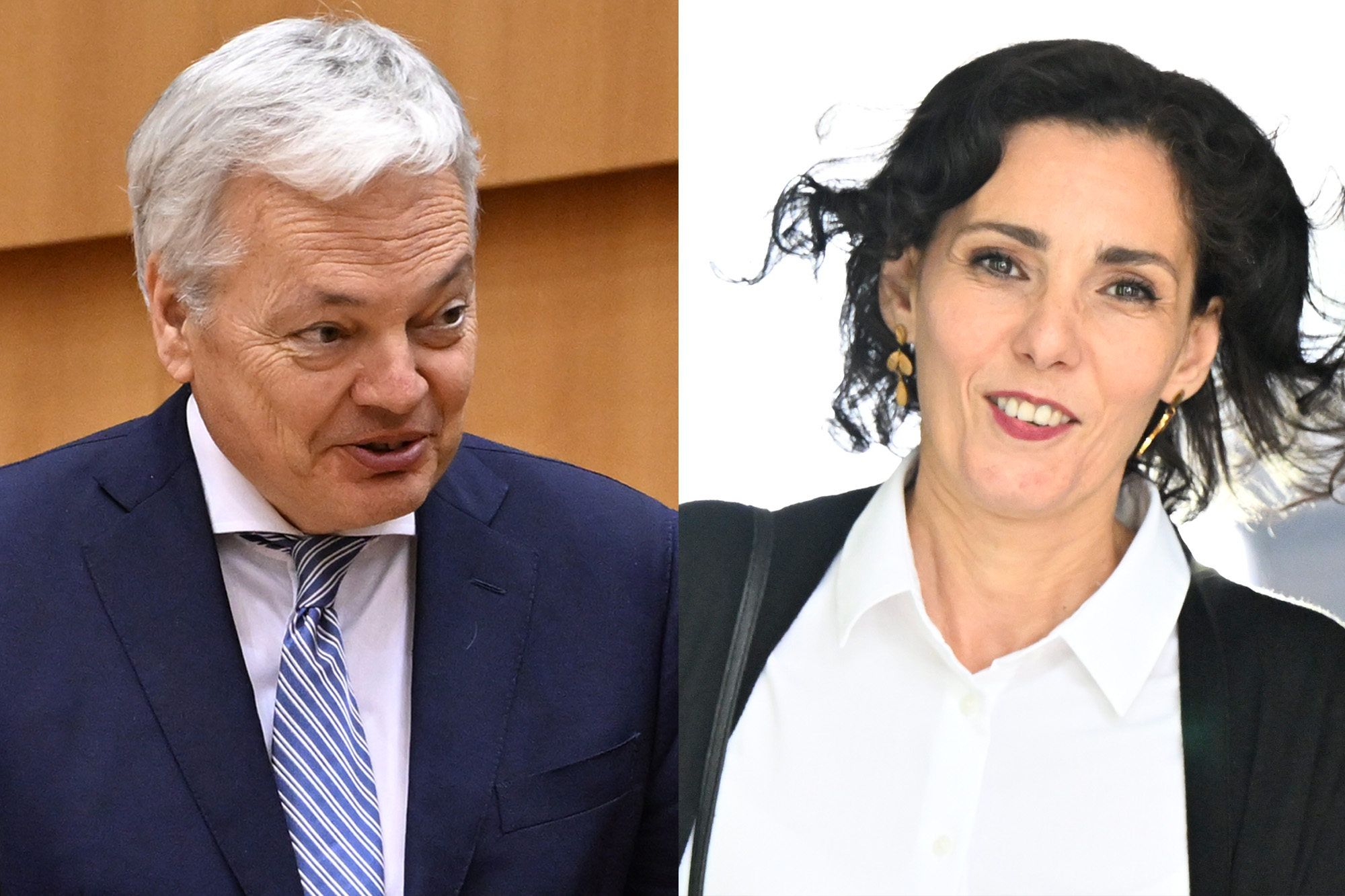 Das Bild zeigt eine Gegenüberstellung zweier Fotos von Didier Reynders und Hadja Lahbib