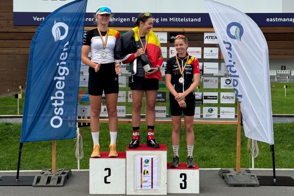 Sommer-Biathlon in Elsenborn-Herzebösch -die drei schnellsten Belgierinnen: Lotte Lie, Maya Cloetens und Eve Bouvard