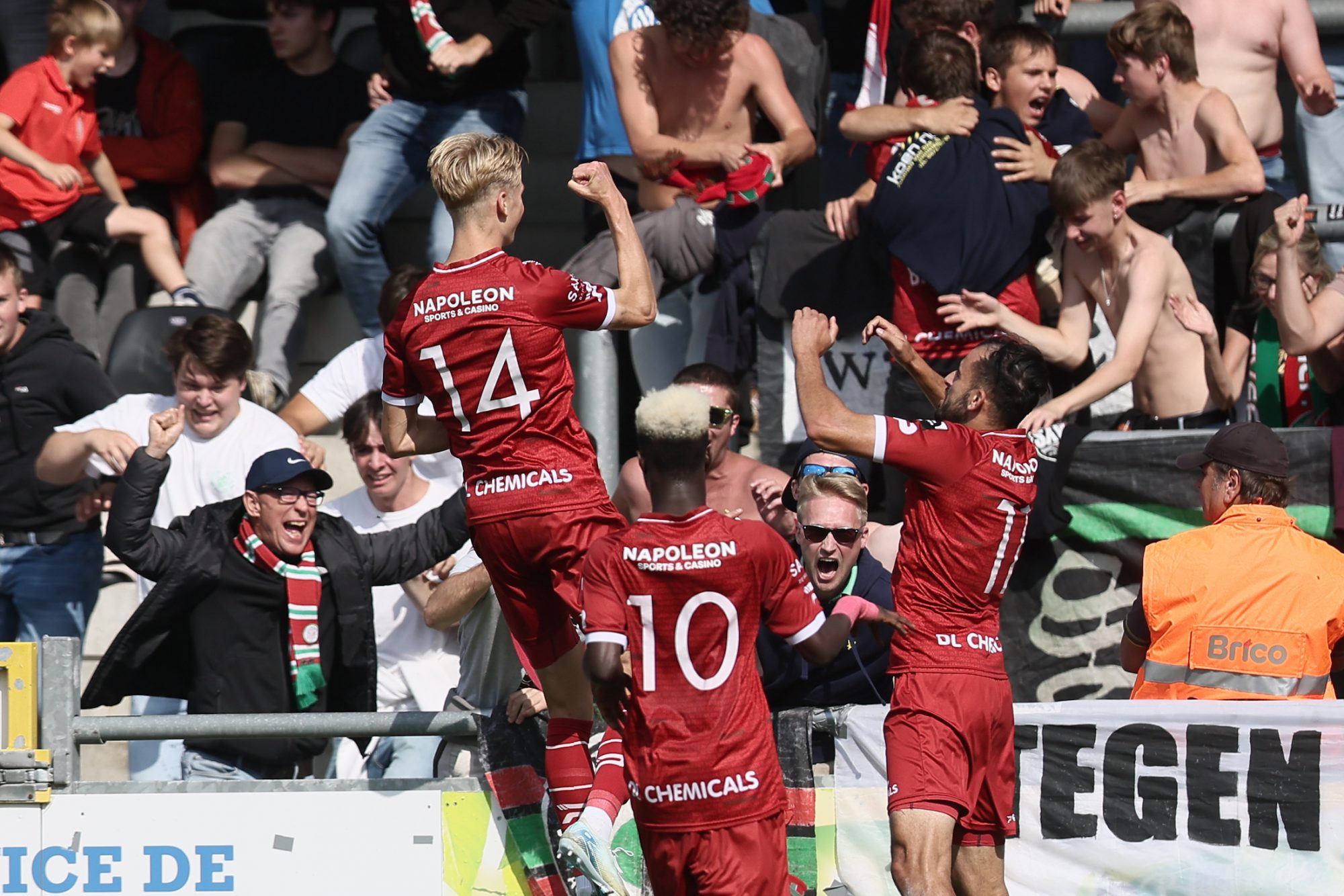 Essevee's Alti Barkarson celebrates after scoring during a soccer match between KAS Eupen and Zulte Waregem, in Eupen, on the fourth day of the 2024-2025 season of the 'Challenger Pro League' second division of the Belgian championship, Sunday 15 September 2024. BELGA PHOTO BRUNO FAHY