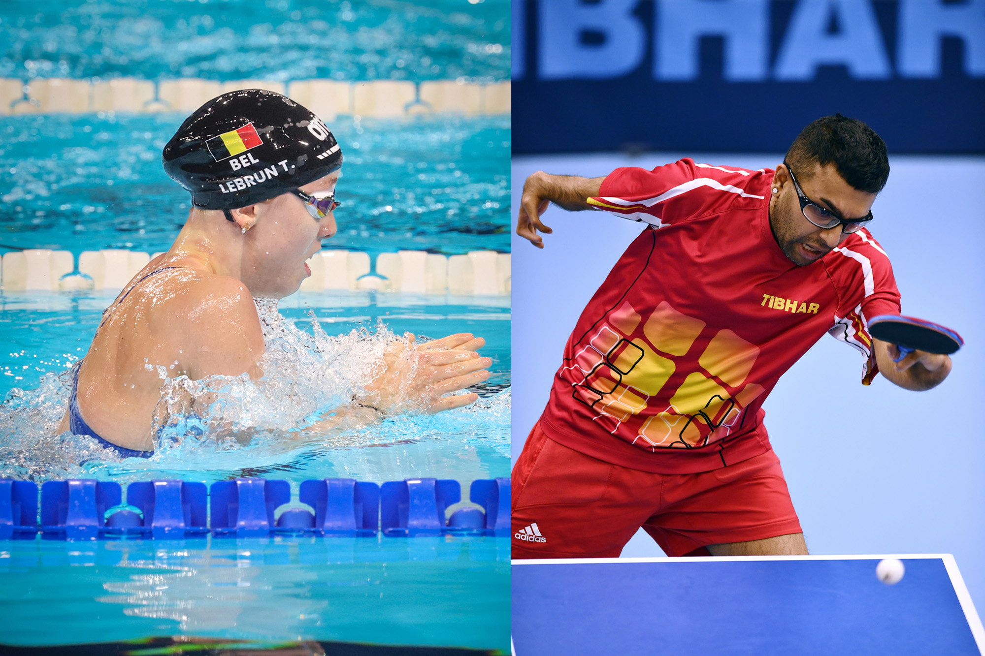 Zu sehen sind zwei nebeneinandergestellte Fotos von Para-Schwimmerin Tatyana Lebrun und Para-Tischtennisspieler Ben Despineux, die Wettkämpfe bei den Paralympics 2024 in Paris bestreiten