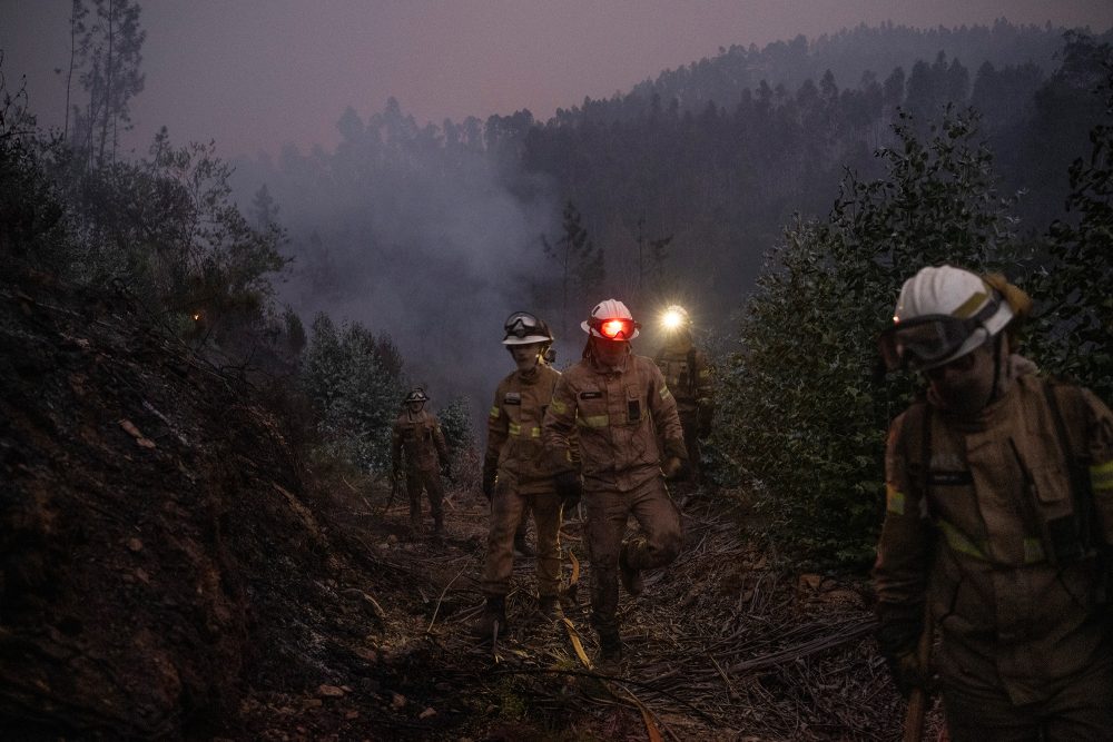 Feuerwehrleute bekämpfen einen Waldbrand in Lourizela, Agueda in Aveiro