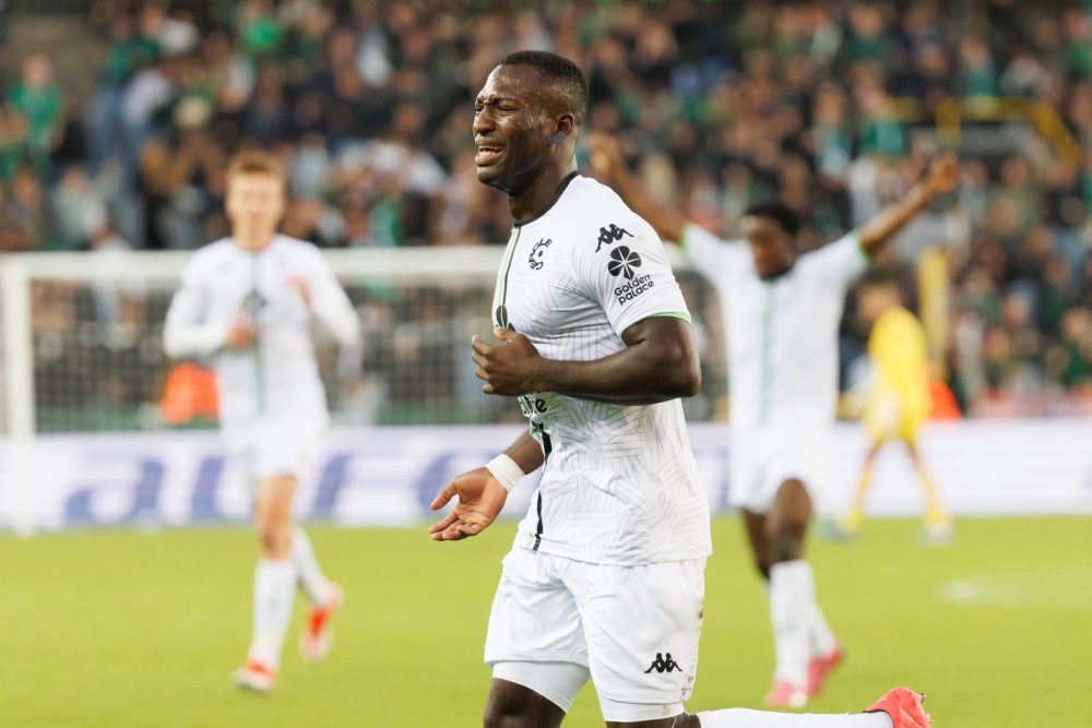 Cercle's Kevin Denkey celebrates after scoring during a soccer match between Belgian team Cercle Brugge KV and Swiss team FC St. Gallen, Thursday 03 October 2024 in Brugge, for the opening day of the UEFA Conference League tournament. BELGA PHOTO KURT DESPLENTER