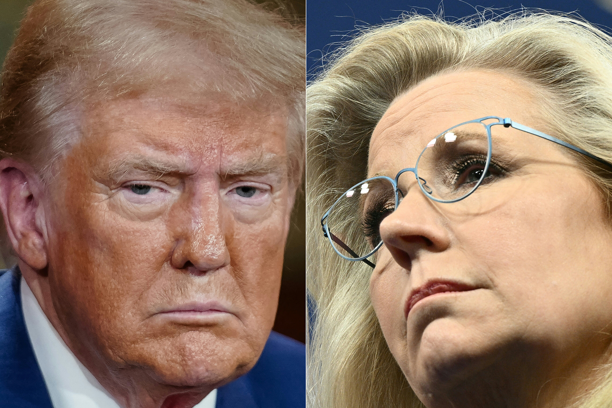 Zu sehen sind zwei Porträtfotos, eines von Donald Trump und eines von Liz Cheney